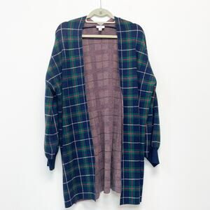 Crown & Ivy Women's S Green Full Plaid Tartan Long Sleeve Open Front Cardigan